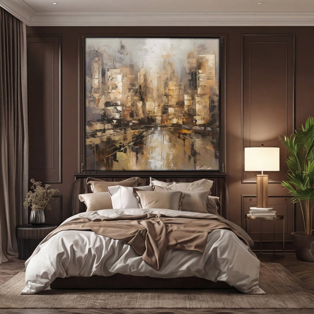 Tablou canvas cu pictura abstracta cu zgarie-nori si reflexii, in rama de aluminiu negru, pe perete intr-un dormitor